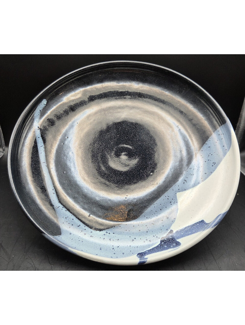 Sondahl Pottery Studio Stoneware Plate 12.5 inches Blue, Black, White - Vintage